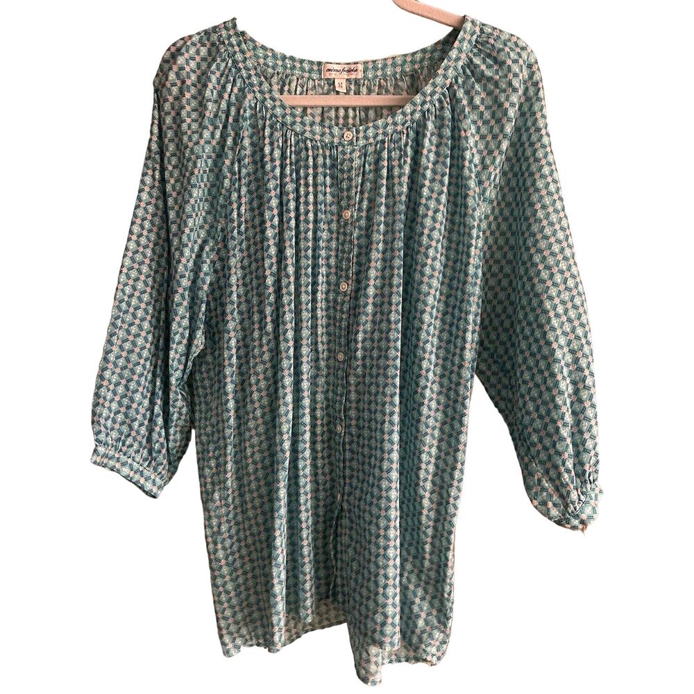 Crème Fraiche Button Geometric Floral Print Button Front Blouse Top Blue M bv